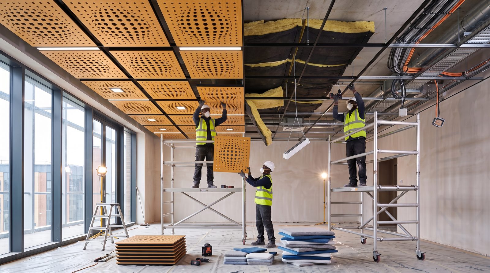 Pose d'un plafond acoustique par une équipe d'eDATA-MEDIA dans une salle de conférence