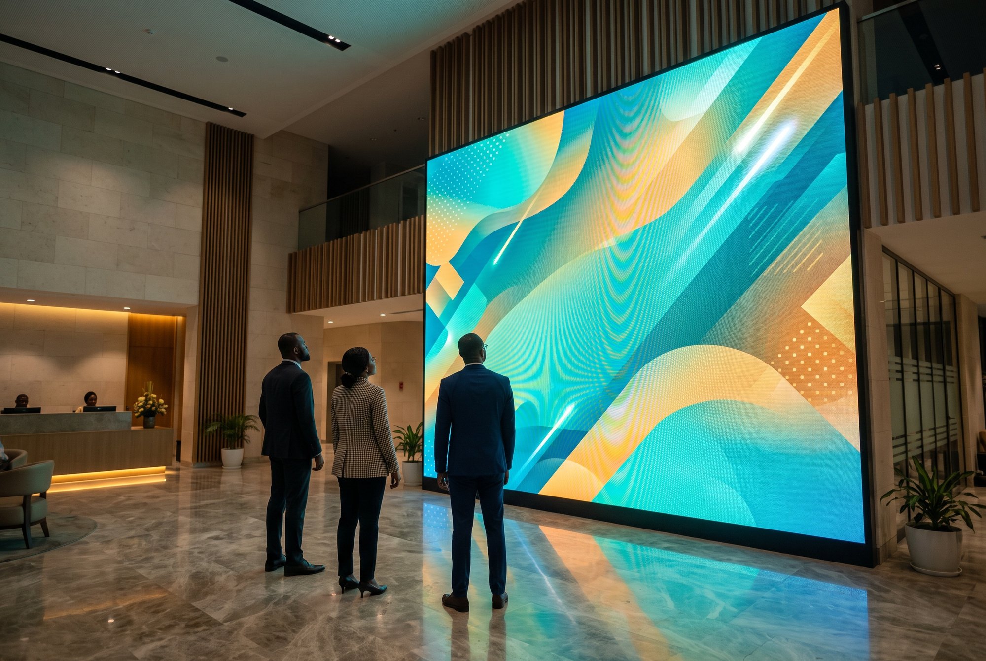 Grand mur d'images LED d'eDATA-MEDIA diffusant un visuel lumineux dans un hall, public au premier plan