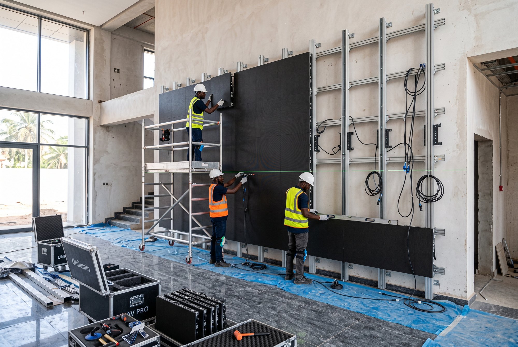 Technicien assemblant les cabinets d'un mur LED sur sa structure d'accroche