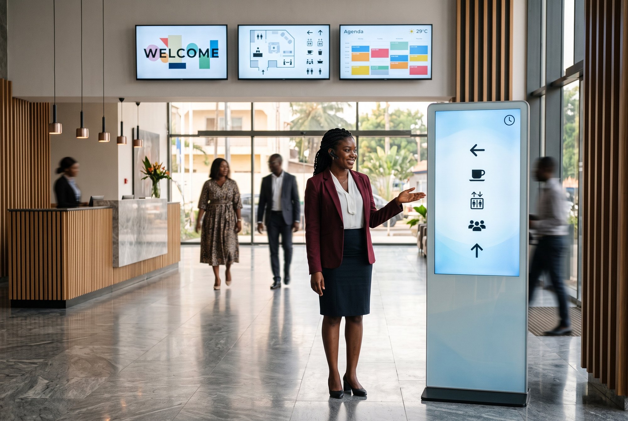Totem et écrans d'affichage dynamique présentant une information générique dans un hall d'accueil