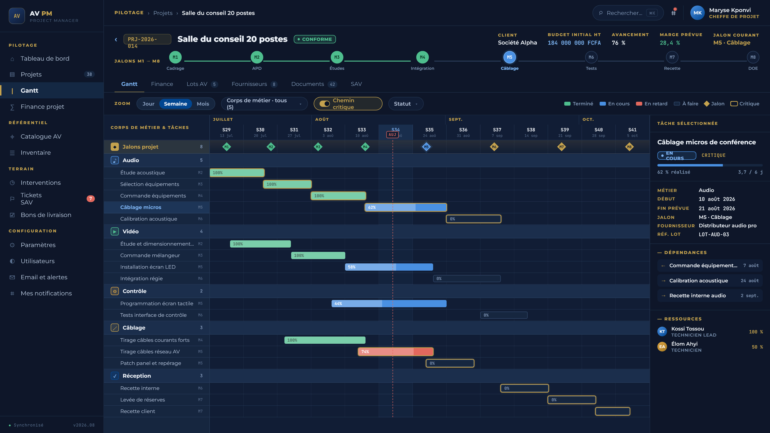 Capture d'écran de la fiche projet et du diagramme de Gantt d'AV Project Manager, en données de démonstration