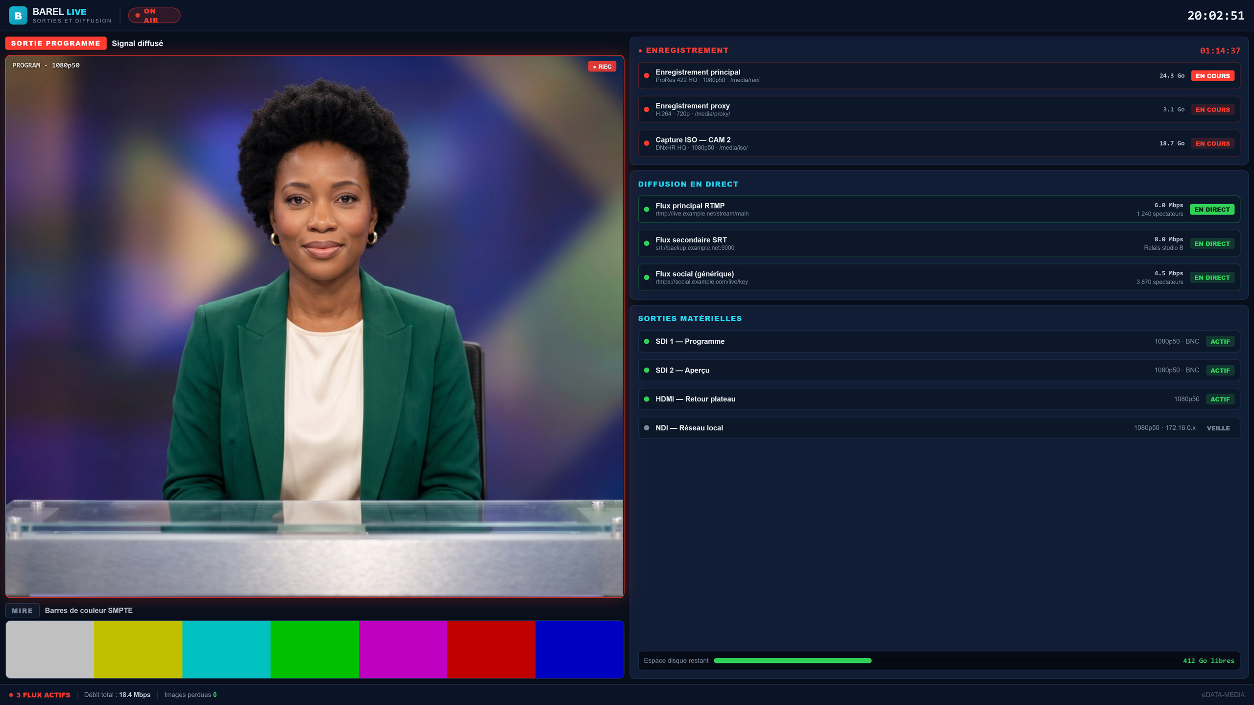Sorties et diffusion de BAREL Live : NDI, SDI, enregistrement et streaming, en données de démonstration