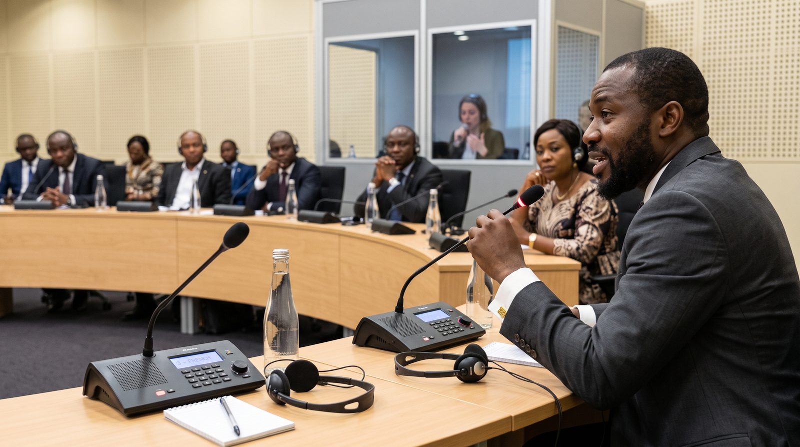 Salle de réunion équipée pour l'interprétation, micros de conférence