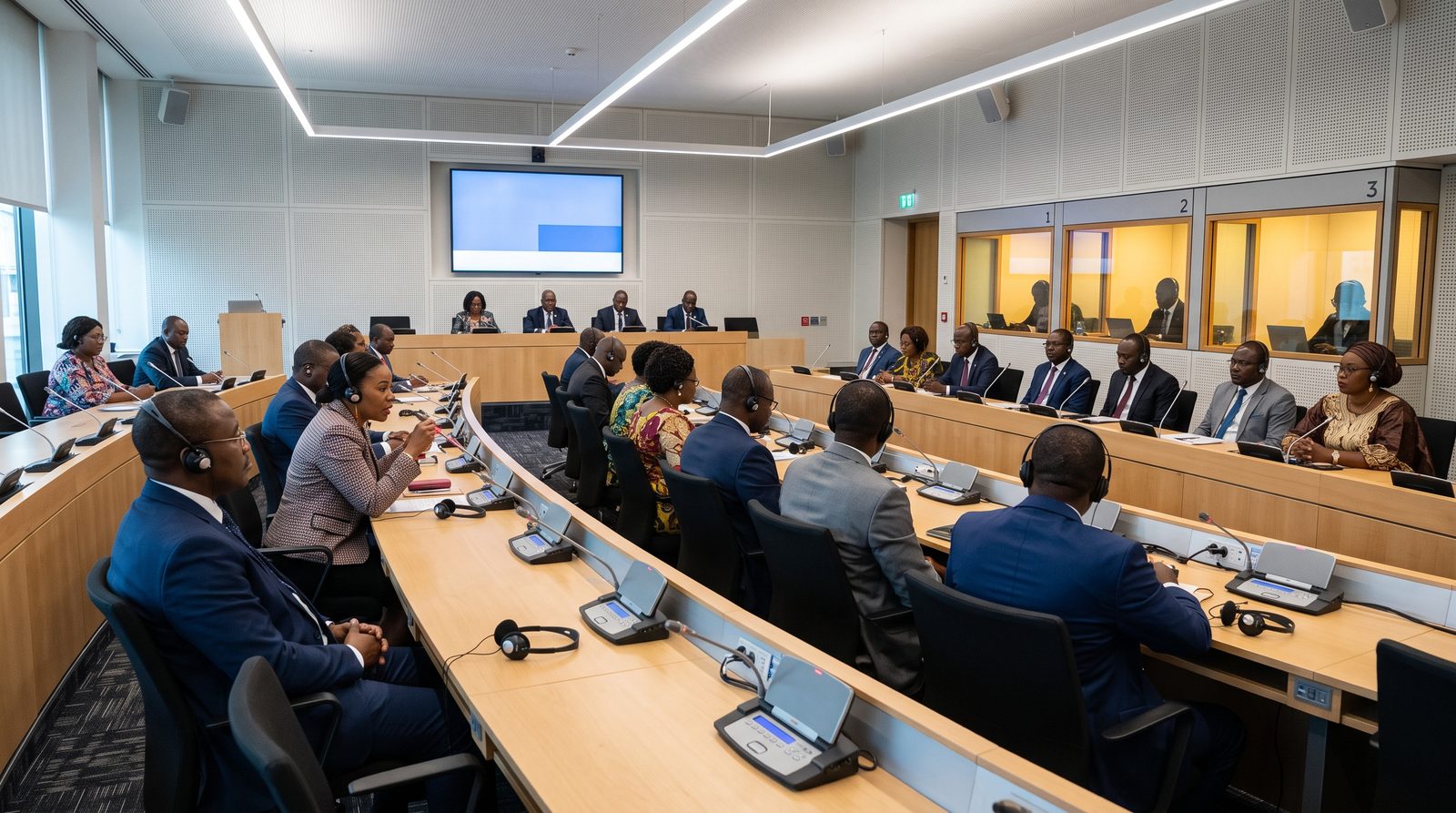 Salle de conférence institutionnelle avec cabines d'interprétation simultanée