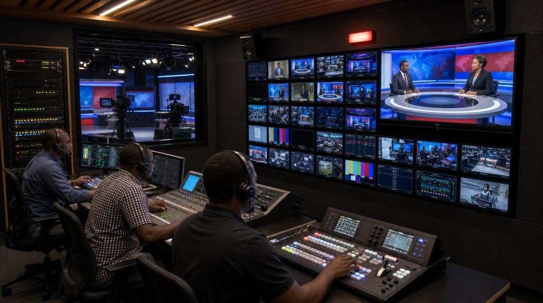 Régie de diffusion télévisée avec techniciens devant un mur d'écrans de contrôle