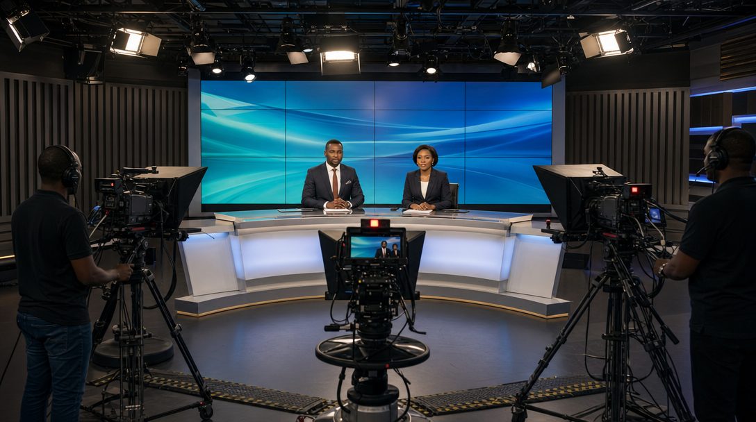 Plateau de tournage avec présentateurs et caméras de studio