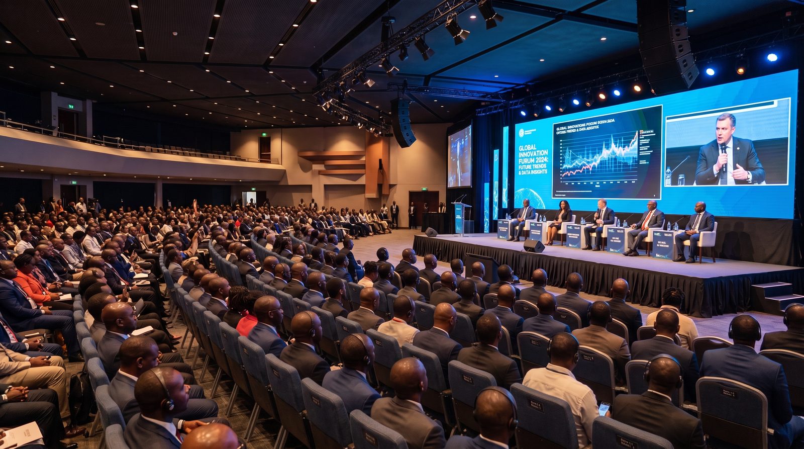 Grande salle de conférence internationale, écran de diffusion et public nombreux
