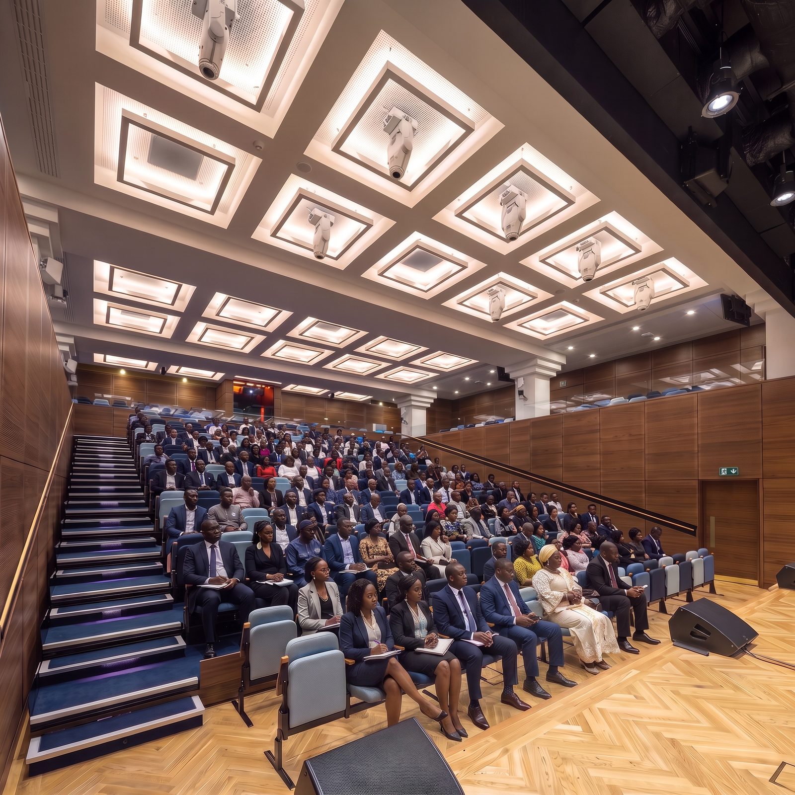Salle de conférence équipée, en configuration institutionnelle
