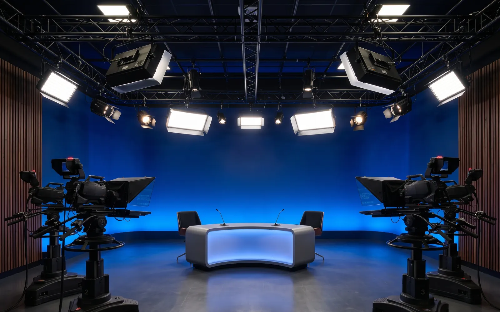 Plateau de télévision équipé : grille technique chargée de grands panneaux LED diffusants et de découpes, trois caméras sur pieds à colonne disposées en arc autour d'un pupitre de présentation, fond de décor éclairé séparément en bleu, lumière douce et sans ombre dure au sol