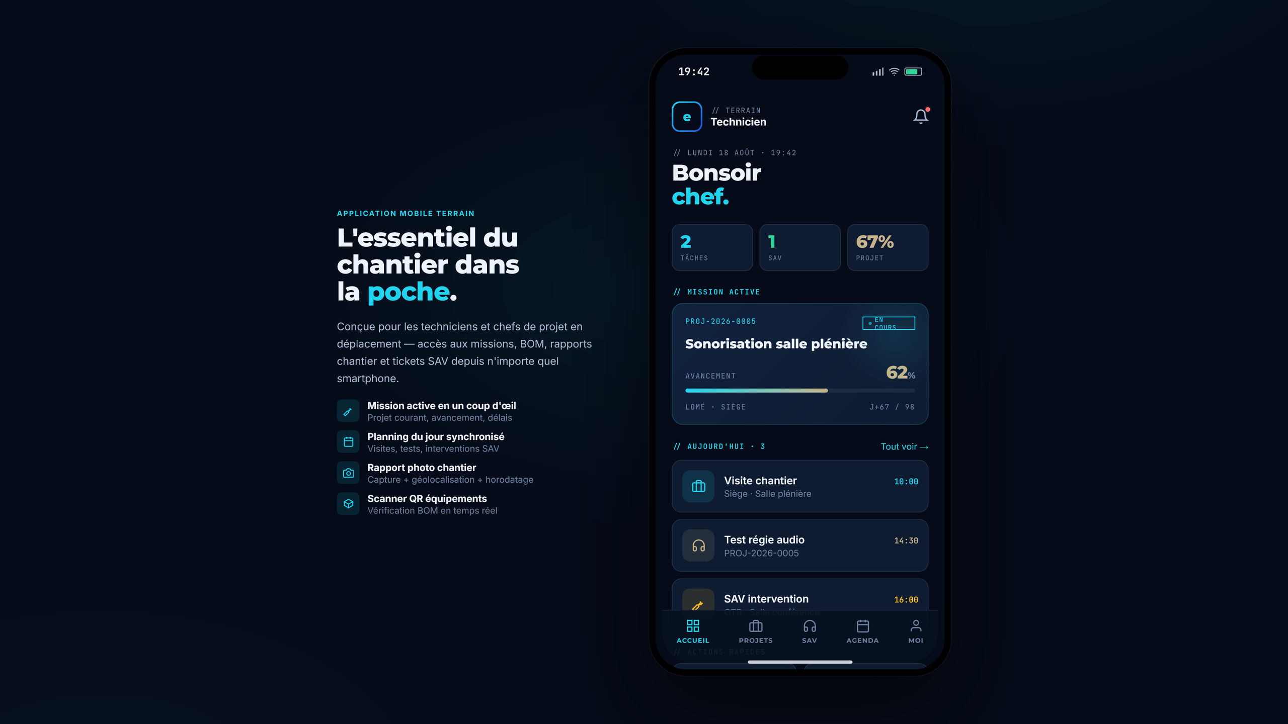 Application mobile terrain de l'ERP : missions, rapports chantier et tickets SAV depuis un smartphone, en données de démonstration