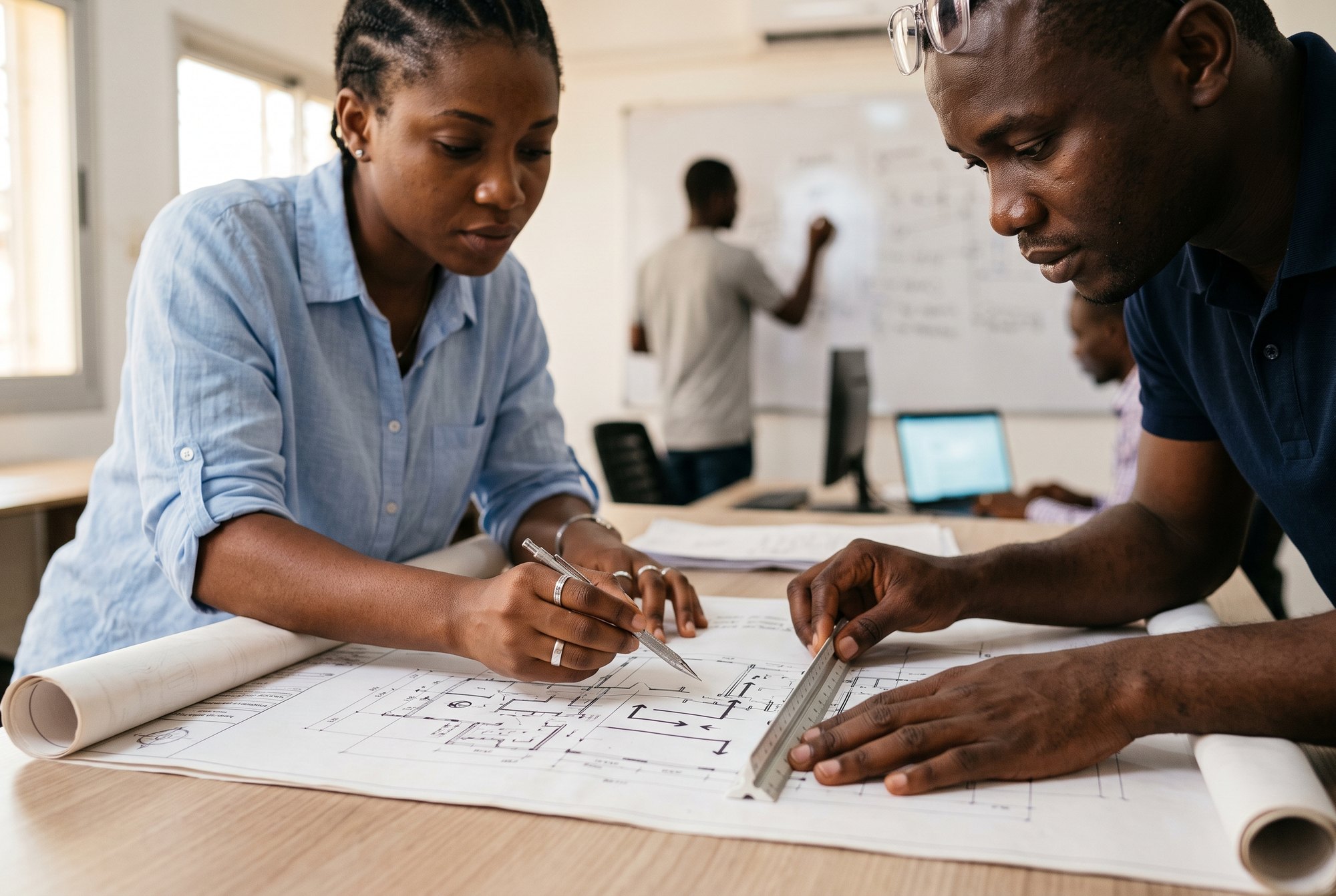 Étude d'un plan architectural avec crayon et règle, annotations d'implantation