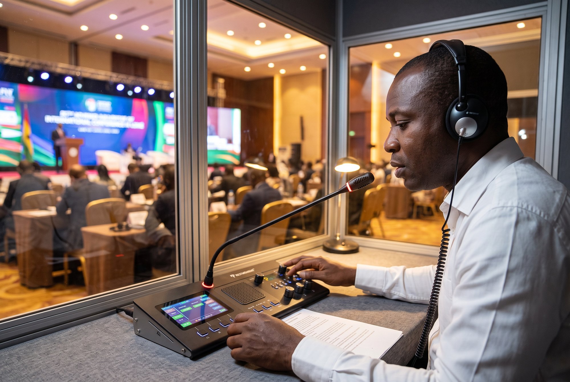 Interprète en cabine d'interprétation simultanée devant sa console, casque sur les oreilles