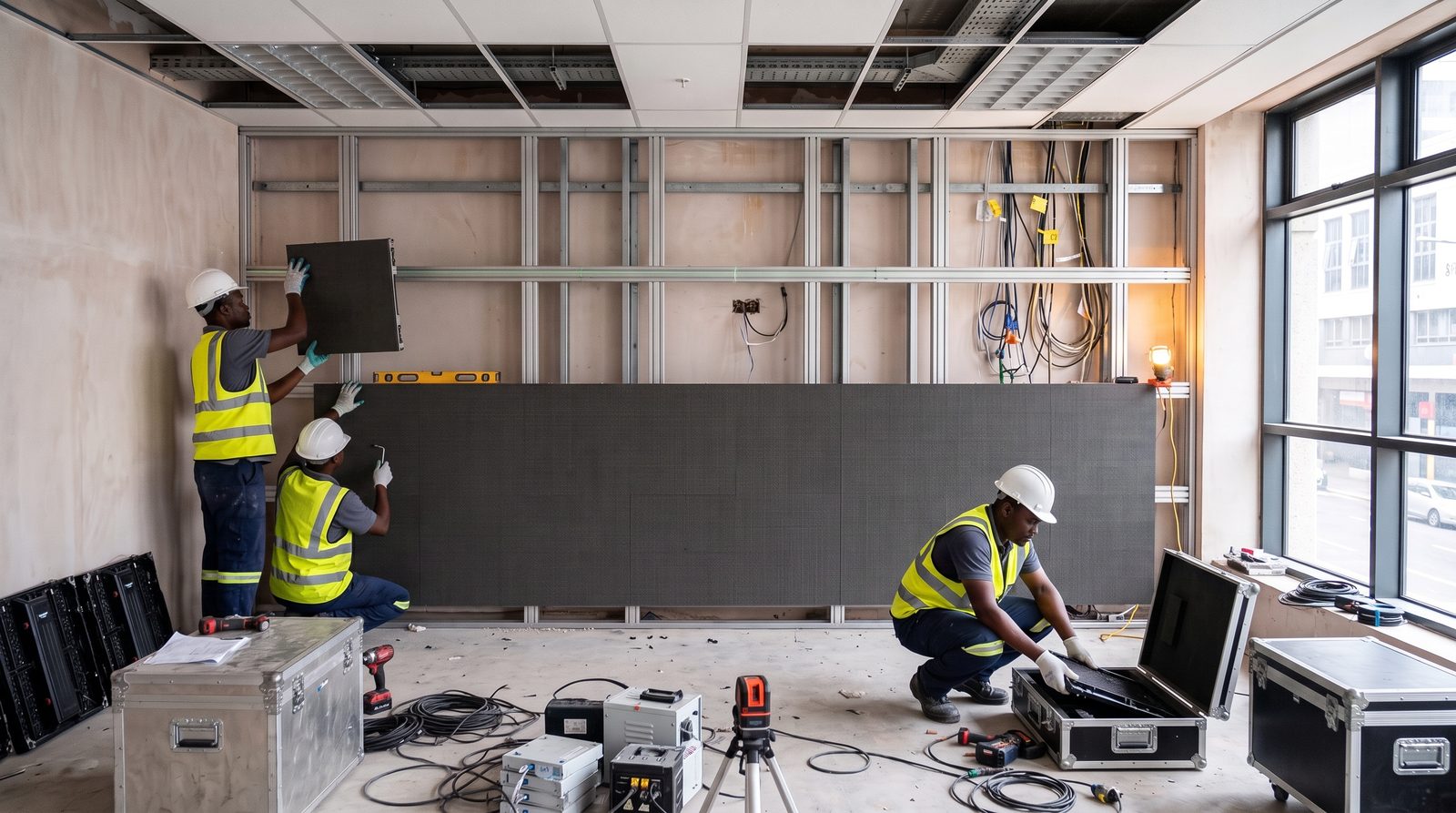 Mur d'écrans LED grand format en salle de conférence