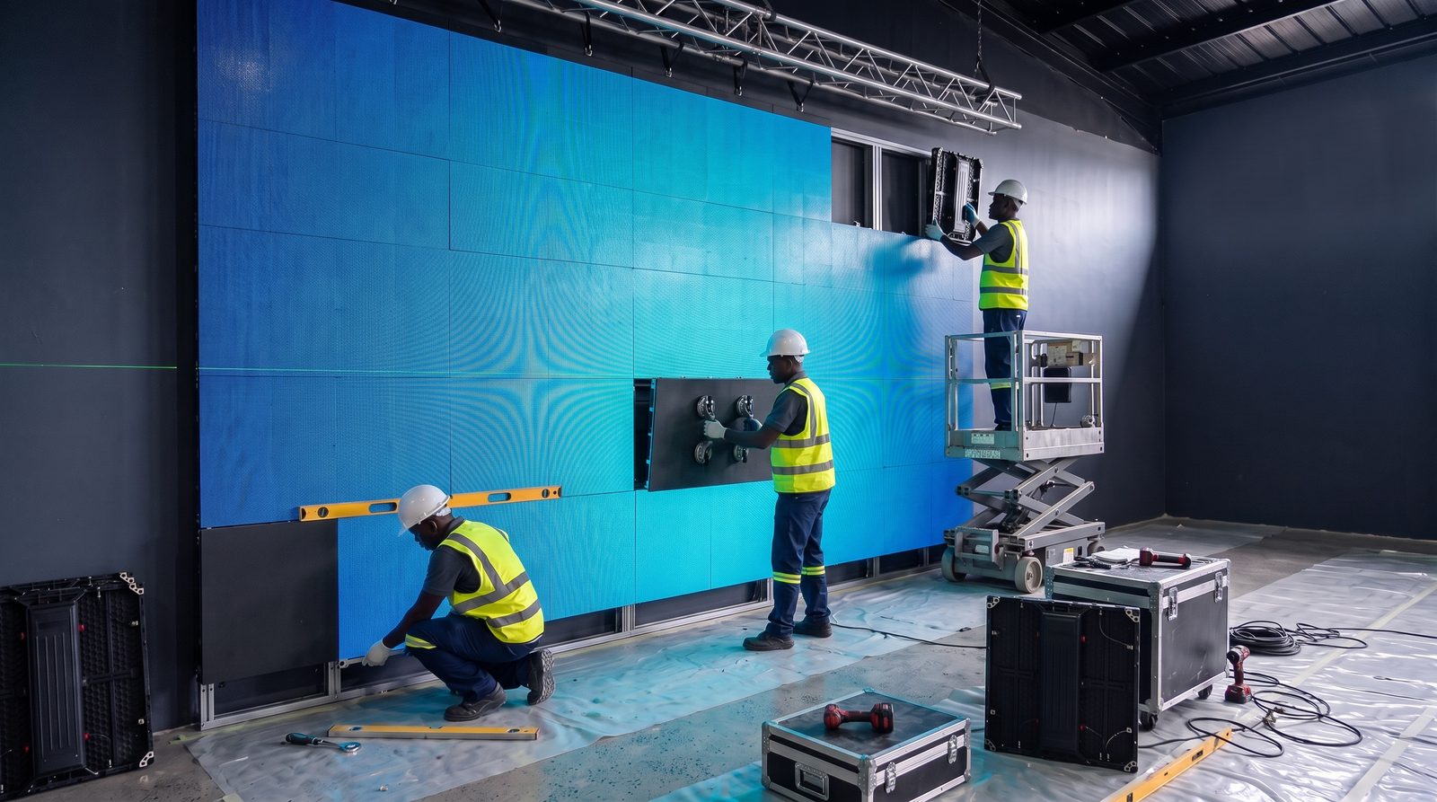 Techniciens installant un mur d'écrans LED