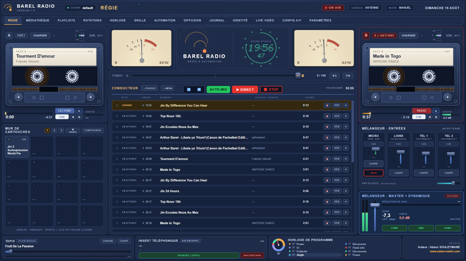 Interface du logiciel d'antenne radio BAREL Radio