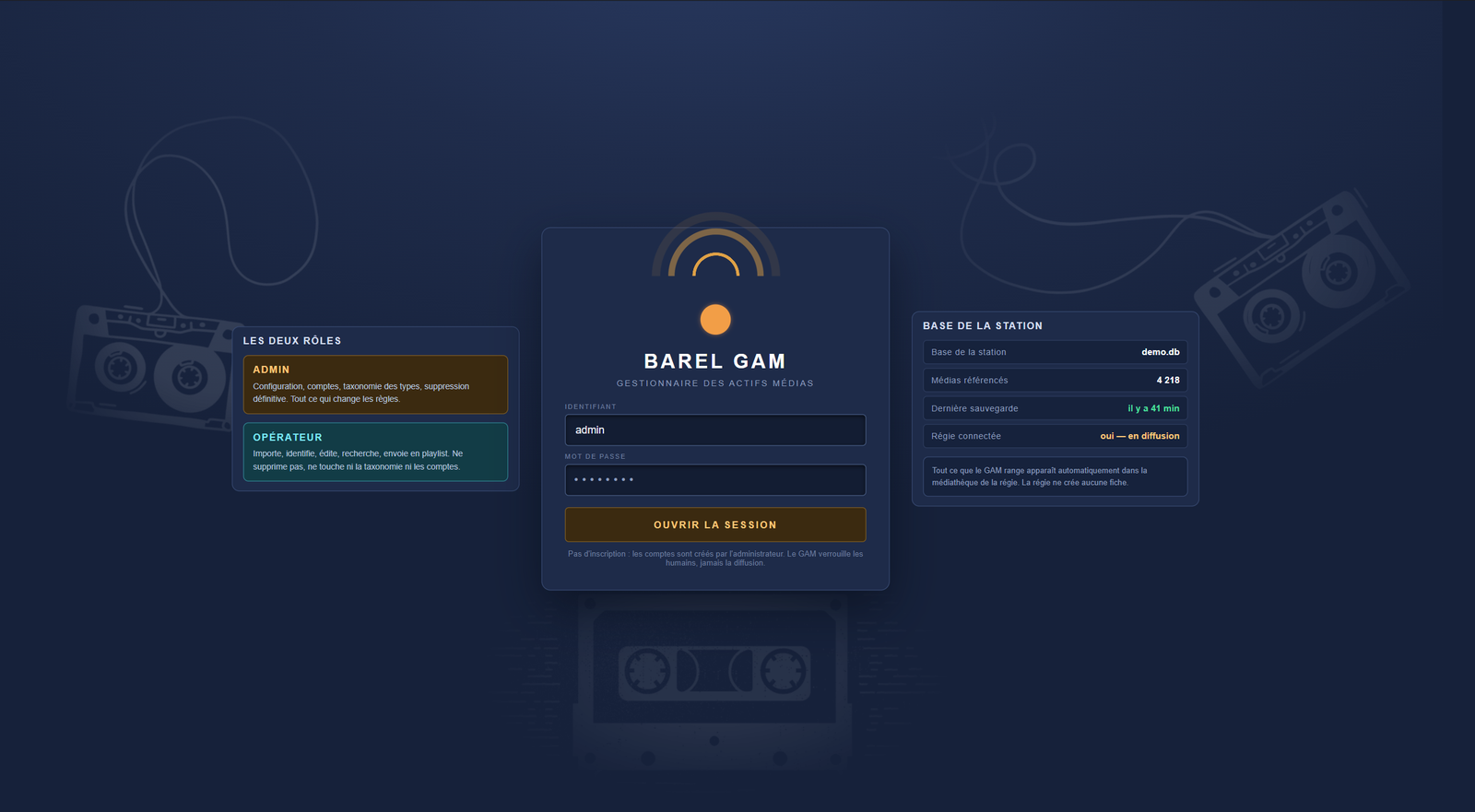 Écran de connexion de BAREL GAM, le gestionnaire des médias