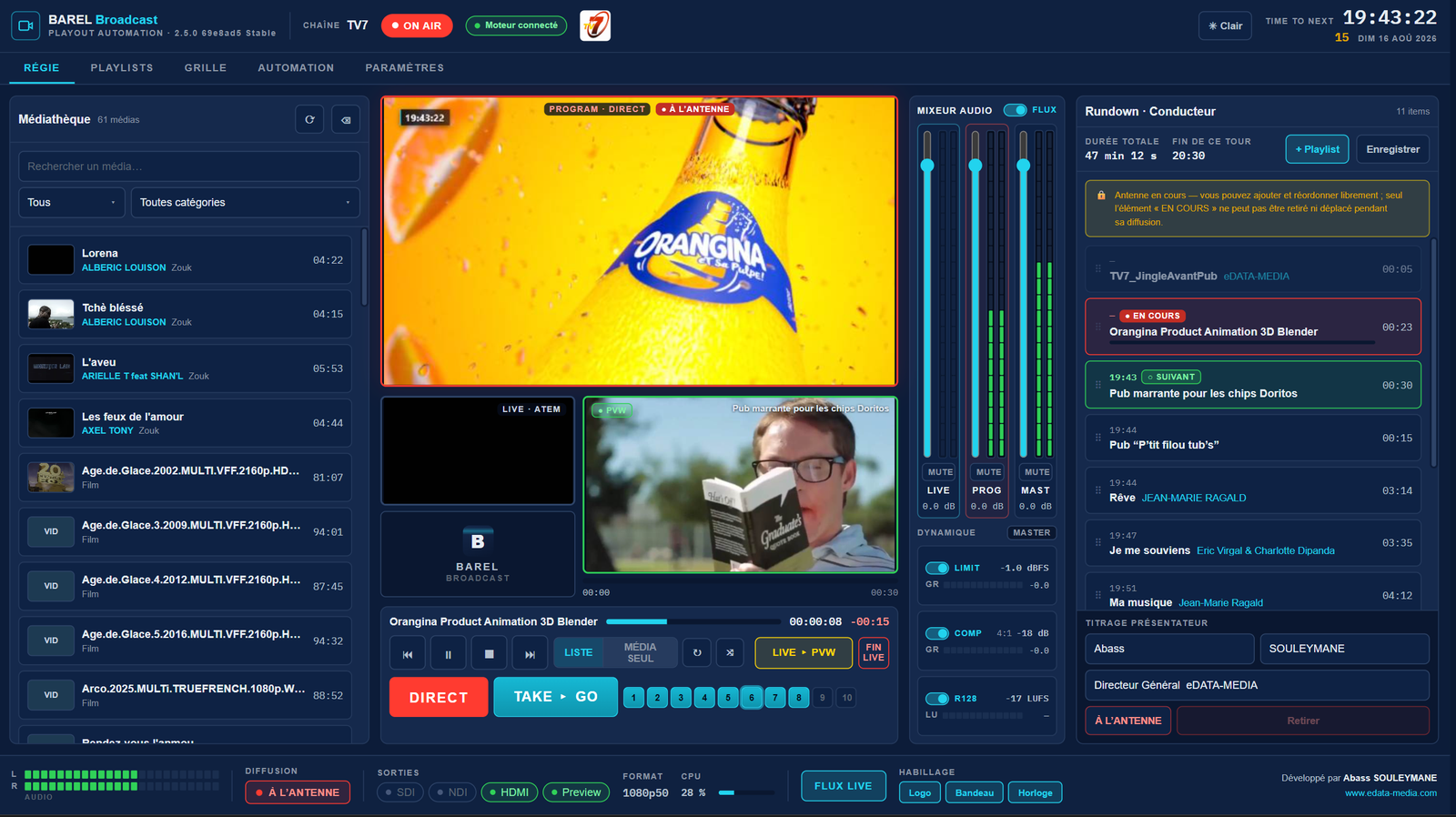 Interface du logiciel de diffusion télévisée