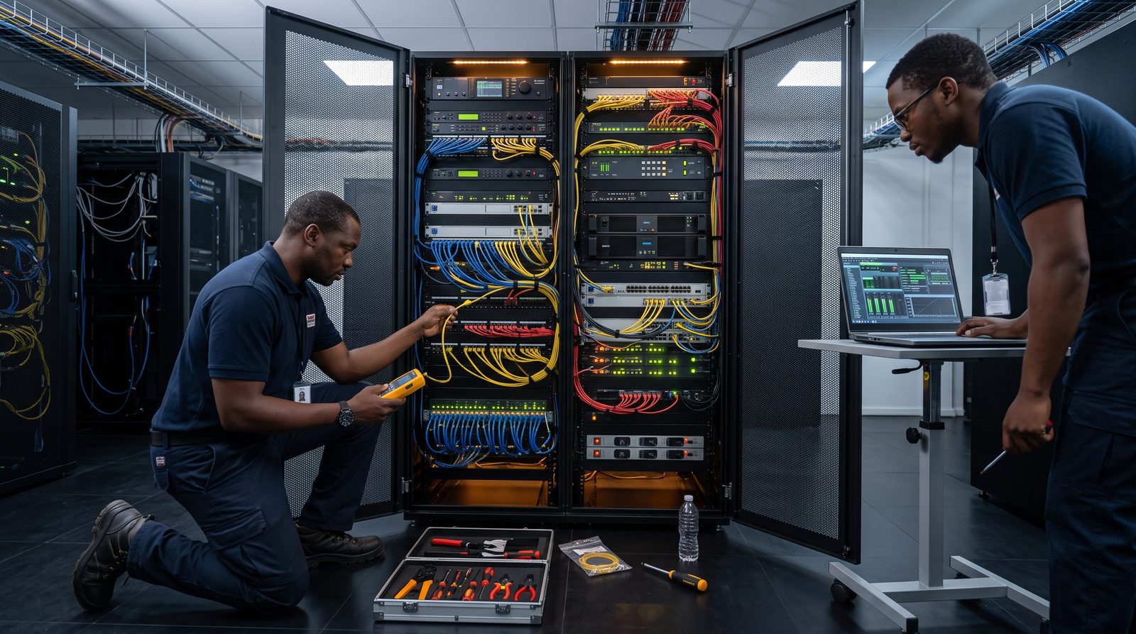 Technicien d'eDATA-MEDIA en intervention de maintenance sur une baie technique audiovisuelle