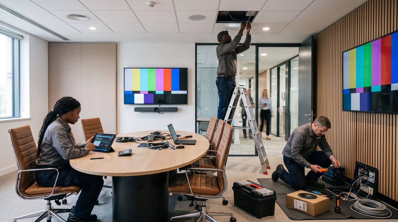 Techniciens en intervention sur les équipements audiovisuels d'une salle de réunion