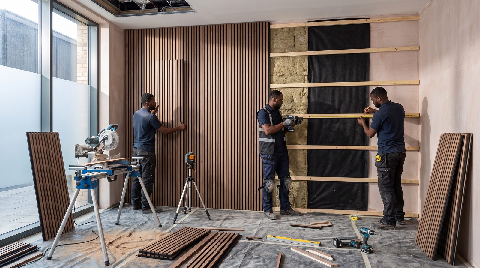 Pose de panneaux acoustiques en lattes de bois sur un mur
