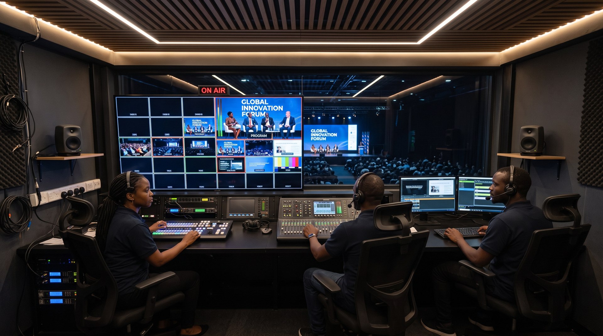 Régie audiovisuelle d'un centre de conférence : techniciens à la console de mixage et au mélangeur vidéo devant un mur de multivue