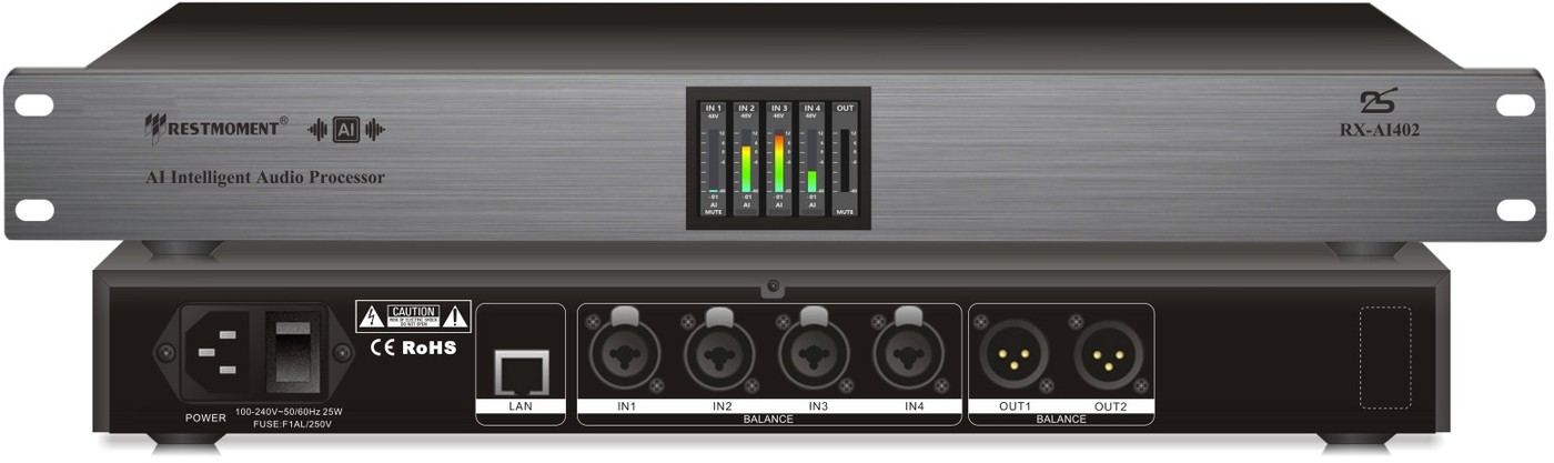 Processeur audio intelligent Restmoment RX-AI402, face avant et face arri&egrave;re