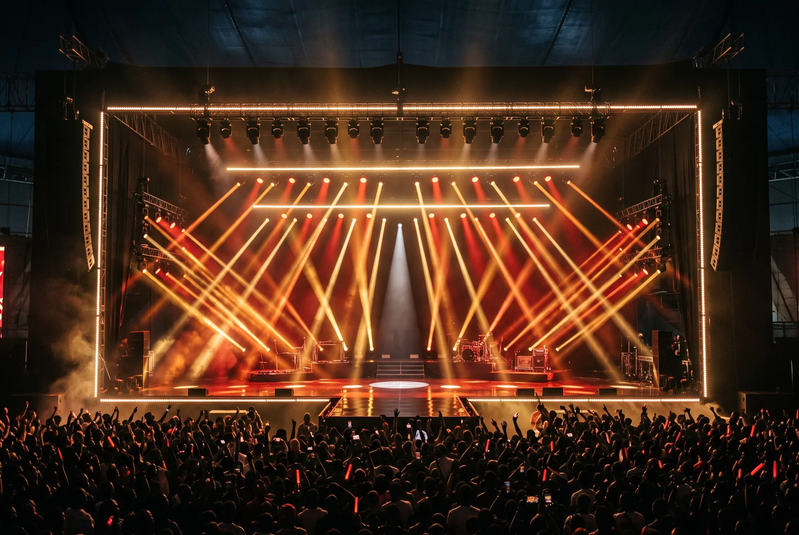 Grand plateau de spectacle en plein air sous chapiteau : structure scénique complète, deux ponts lumière chargés de projecteurs asservis et deux grappes de line array accrochées de part et d'autre