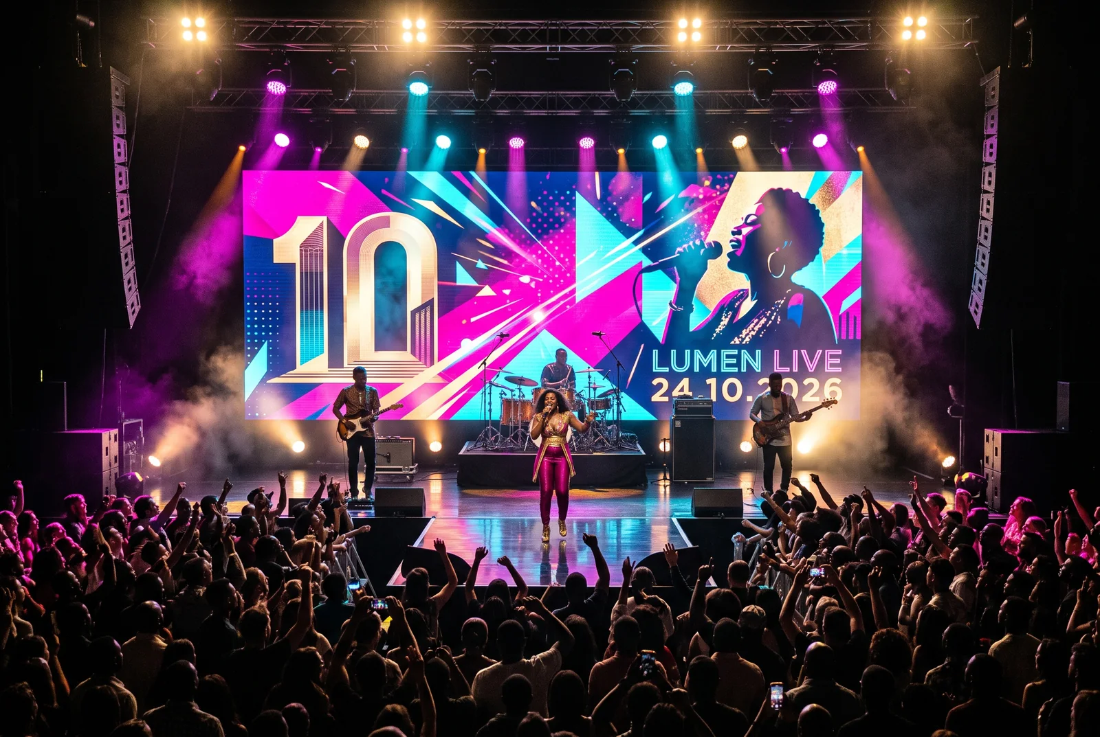 Concert en salle : groupe de quatre musiciens sur scène devant un grand mur d'images LED affichant un habillage graphique, ponts lumière équipés de projecteurs asservis et de blinders, line array de chaque côté, retours de scène posés au sol et public debout