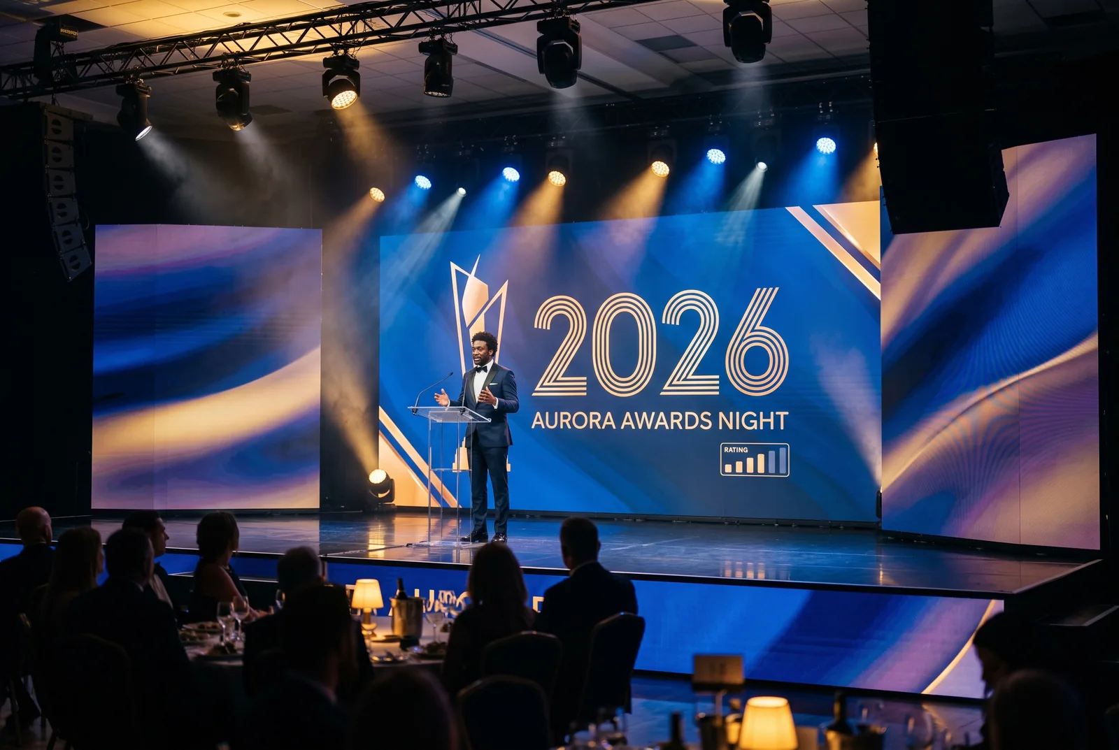 Soirée de gala assise : scène en salle avec mur LED courbe en fond de scène et deux panneaux LED latéraux, pupitre transparent, orateur en smoking, pont lumière équipé de découpes et de projecteurs asservis, public installé à des tables rondes dressées
