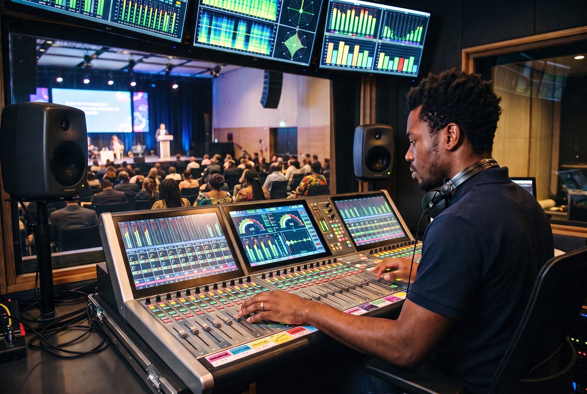 Régisseur son d'eDATA-MEDIA à une console de mixage numérique, grande salle de conférence en arrière-plan