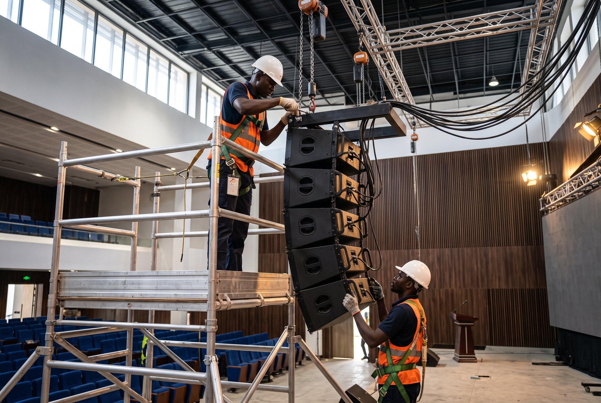 Montage d'enceintes line array suspendues sur échafaudage