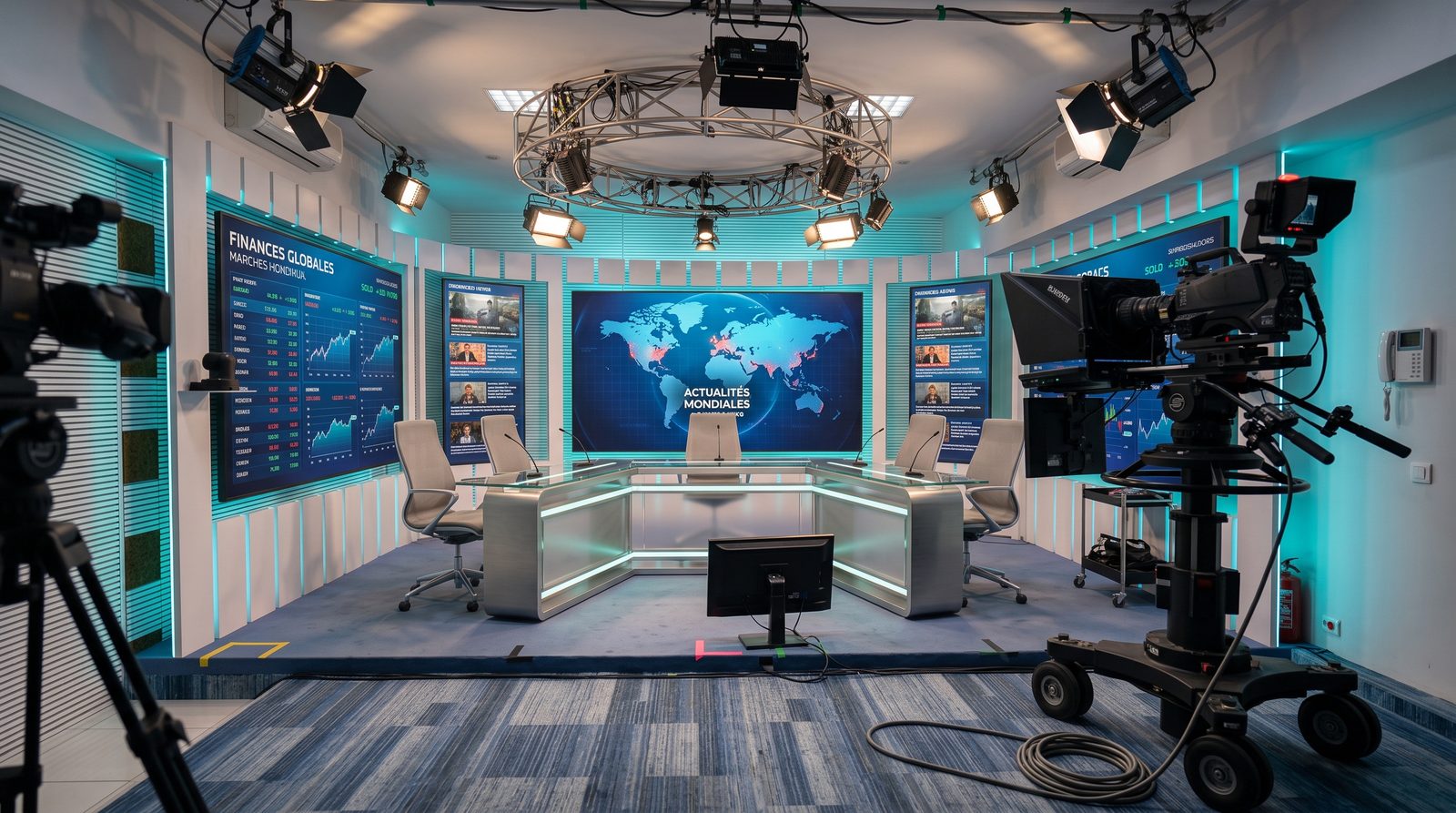 Studio d'actualités télévisées avec pupitre, écrans et caméras