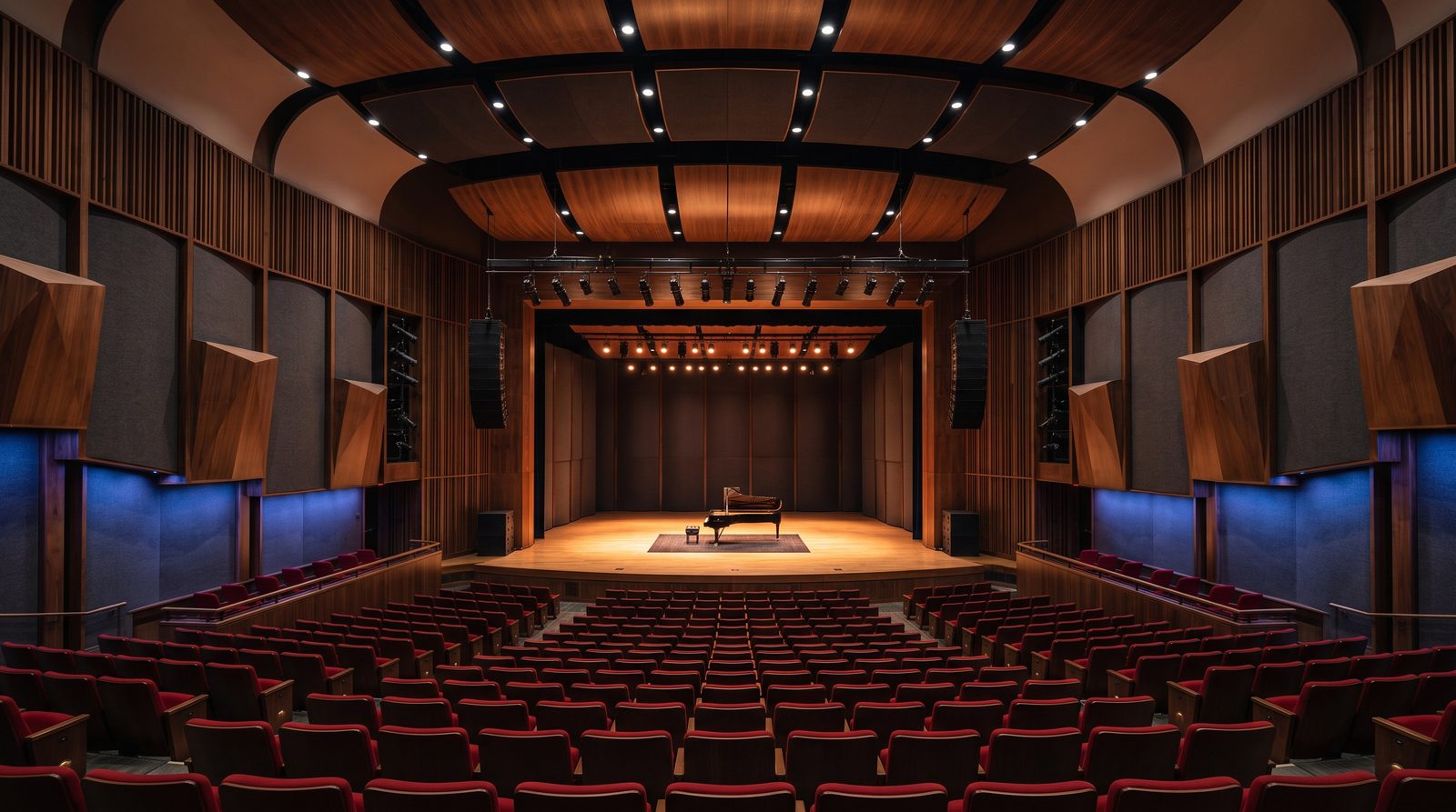 Salle de spectacle équipée pour la captation audiovisuelle, scène et gradins