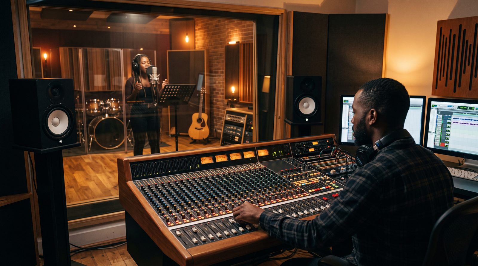 Ingénieur du son en régie face à une console de mixage, dans un studio d'enregistrement