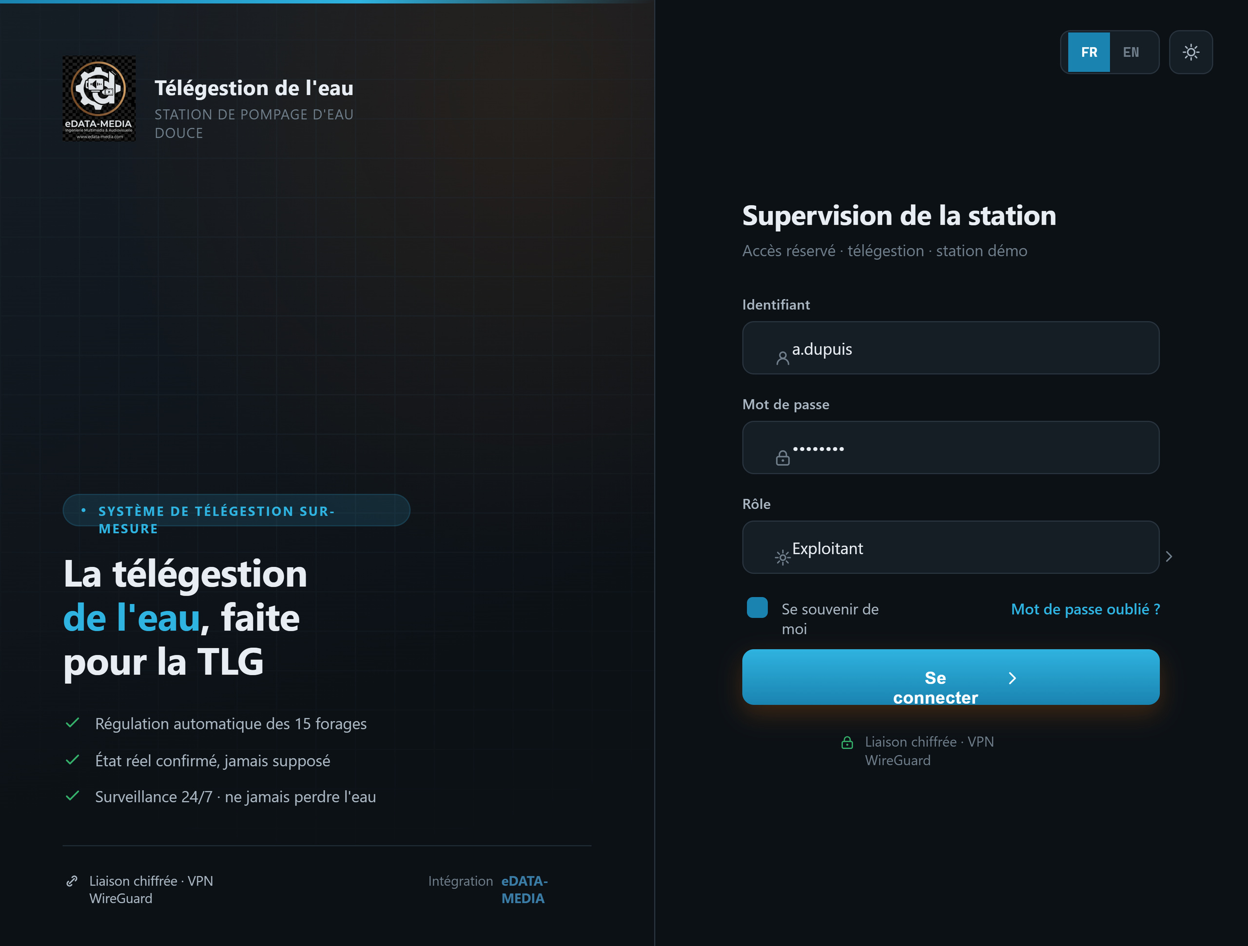 Capture d'écran d'un écran de connexion sécurisé de logiciel de télégestion, en données de démonstration