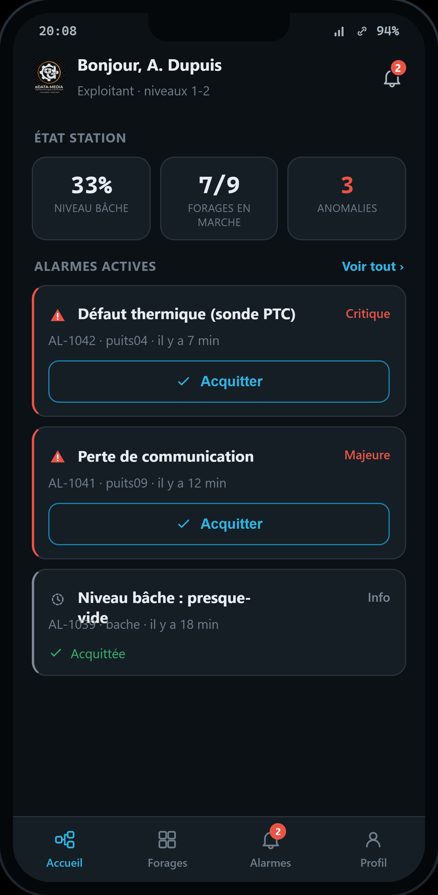 Vue mobile de la télégestion : état de la station et alarmes actives consultés depuis un smartphone, en données de démonstration