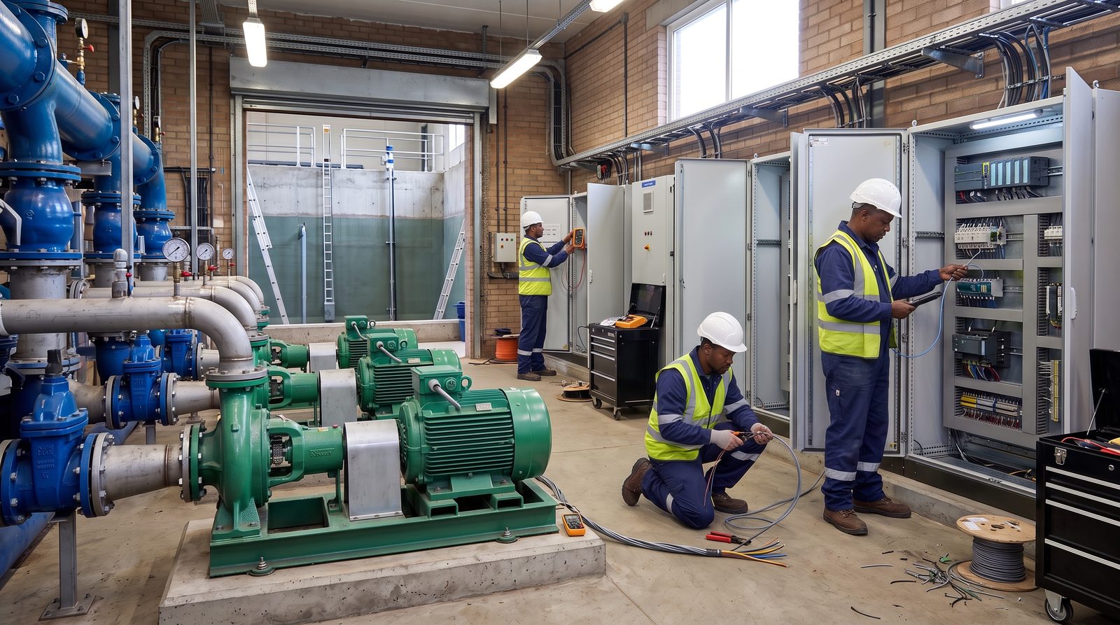 Salle des machines d'une station de pompage, pompes et armoires d'automatisme en cours de câblage