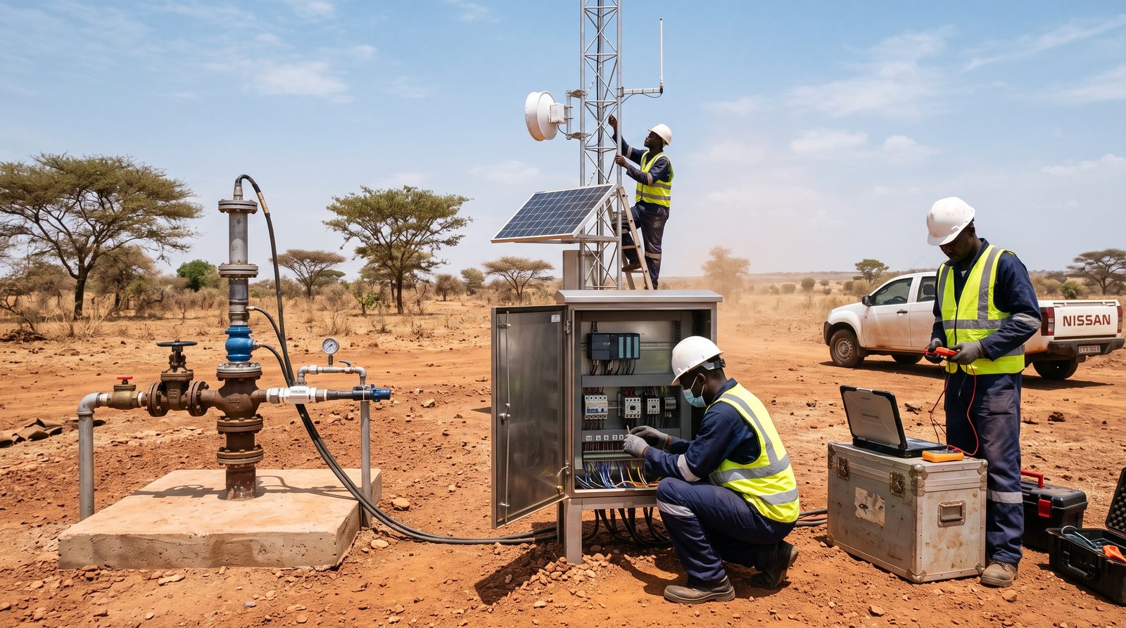 Forage isolé télégéré, armoire à automate alimentée par panneau solaire et liaison radio par antenne