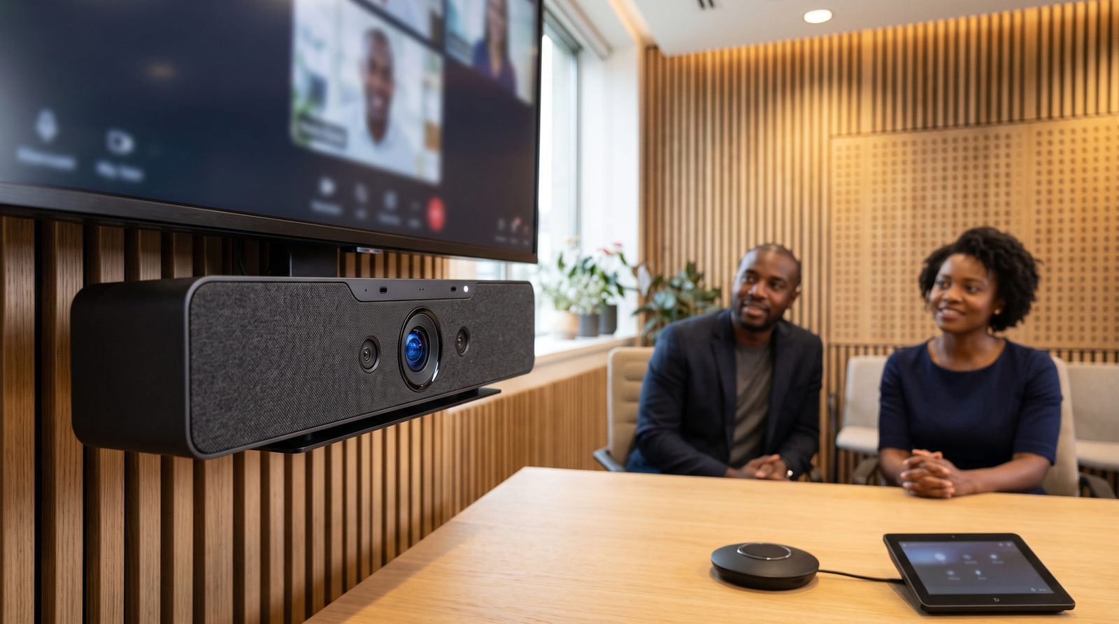Barre de visioconférence installée dans une salle de réunion