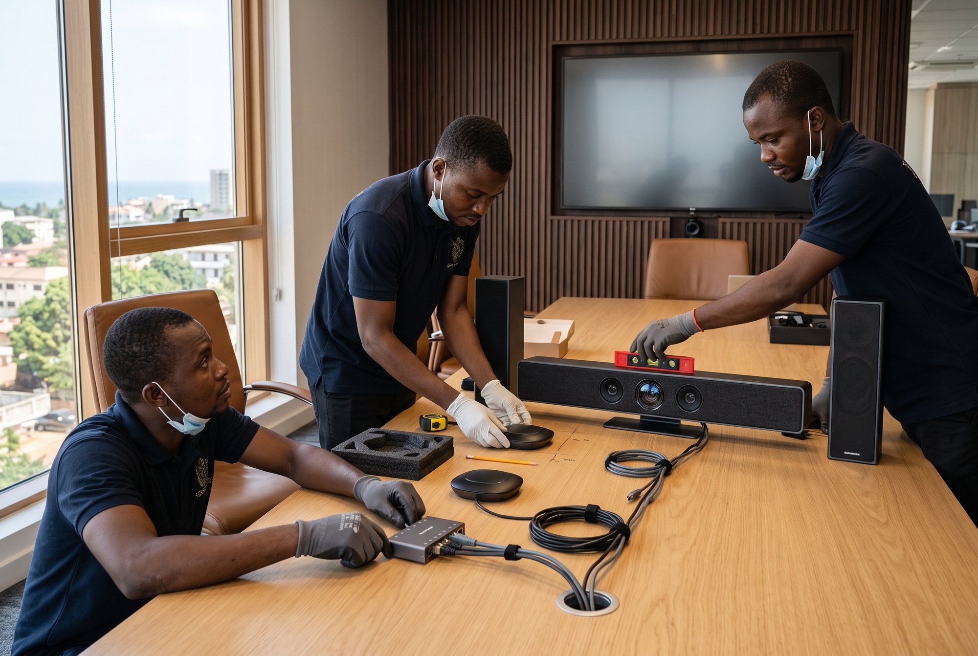 Montage d'un kit de visioconférence : barre vidéo, micros et contrôleur tactile en cours d'installation