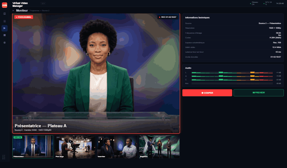 Écran Moniteur : contrôle de la caméra au programme avec ses informations techniques et son audio